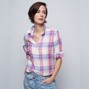 Frank & Eileen BARRY Linen Tailored Button-Up Shirt  Pink/Blue/White Plaid in M